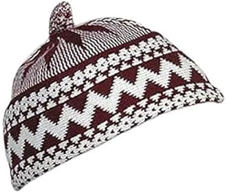 Mens Zigzag HAJI Cap - Kufi All Season Muslim Prayer TOPI Beanie HAT Crown with White Ball - Stretchable ONE Size (RED)