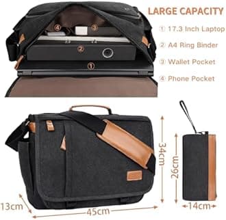 Estarer 15.6-17.3 Inch Laptop Messenger Bag for Work School,Mens Water Resistant Canvas Crossbody Shoulder Bag