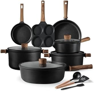 CAROTE Nonstick Cookware Sets, Pots and Pans Set Non Stick 14pcs, Titanium Induction Cooking Sets with Stay-Cool Handle, Black