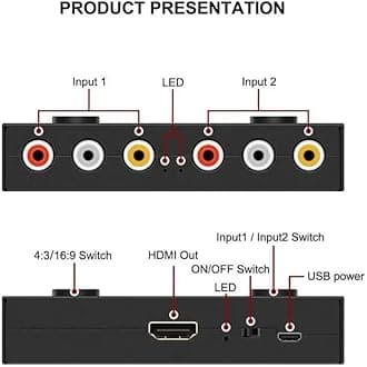2 Port AV to HDMI Converter,2 RCA to HDMI Adapter,Support HD 4:3/16.9 Output，Compatible with WII/N64/PS1/PS2/PS3/VHS/VCR/DVD Players etc
