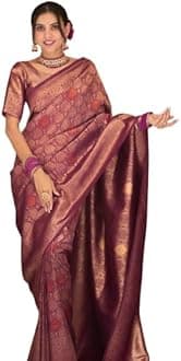 Airkot Traditional Banarasi Silk Saree for Women | Floral Pattern with Sleeveless Blouse | Elegant Bridal Wedding Saree | Latest Party Sari collections