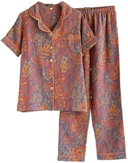 LinZong Vintage Leaf Cotton Lapel Loungewear Set,Colorful Floral Long Sleeve Trousers Cardigan,Women's Pajama Two Piece Set (XXL, C Grey)