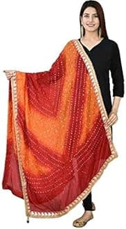 Kalpit Creations Women's Jaipuri Rajasthani Silk Bandhani Bandhej Multi-Colored Heavy Dupatta With Gota Work And Latkans