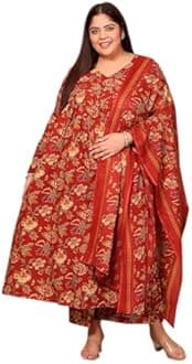 MEERA FAB Women's Cotton Blend V-Neck Plus Size Anarkali Printed Kurta with Palazzo & Dupatta