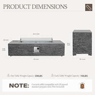 UPHA 56-inch Outdoor Propane Gas Fire Pit Table 50000 BTU Concrete Round FirePit for Outside Patio with Propane Tank Cover, Wind Guard, Blue Glass Rocks, Rain Cover, Grey Striped