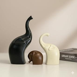 Elephant Family Ceramic Showpiece Set | Matte Finish Elephant Figurines for Home Decor | Living Room Table Shelf Decor | Lucky Elephant Statue for Housewarming Gift | Black Brown White
