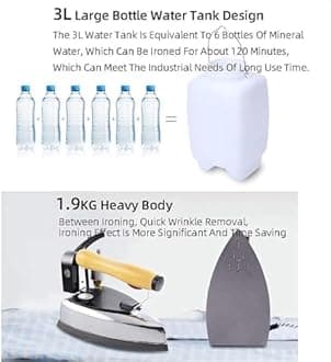 Industrial Bottle Vertical Steam Iron with 3L Water Tank - 1200W Electric Iron for Families, Dry Cleaners, Clothing Stores - 6-level Temperature Adjustment Steam Press - Includes Iron Boots