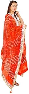 Kalpit Creations Women's Jaipuri Rajasthani Silk Bandhani Bandhej Multi-Colored Heavy Dupatta with Gota Work and latkan, Orange, Free Size