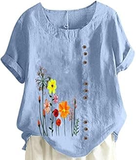 FOCLMP Women Floral Print Linen Shirts Short Sleeve Gauze Tops Loose Fit Cotton Blouses Trendy 2024 Clothing