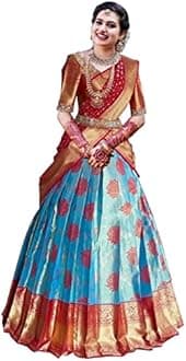 Women's Pure Silk Zari Weaving Lehenga Choli, Unstitched Lehenga Choli, Half Saree. (SKY BLUE RED)