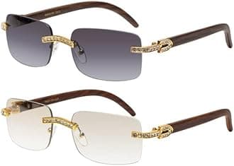 Retro Vintage Style Rimless Clear Lens Sunglasses for Women & Men Luxury Glasses Fashion Crystal Wood Eyewear Shades
