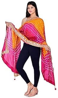 Pk Hub Jaipuri Rajasthani Women's Silk Bandhani Bandhej Multi-Colored Heavy Dupatta With Gota Work And Latkan