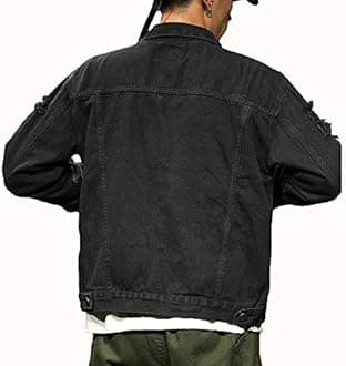 Rexcyril Men's Distressed Denim Jacket Casual Ripped Holes Button Down Trucker Jacket Jean Coat