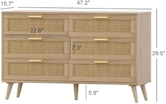 Rovaurx 6 Drawer Double Dresser for Bedroom, Rattan Chest of Dressers, Modern Wooden Dresser Chest with Golden Handles, Beside Table for Closet, Living Room and Entryway, Natural