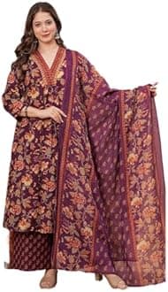 MEERA FAB Women's Cotton Blend V-Neck Plus Size Kurta Printed Kurta with Palazzo & Dupatta Set