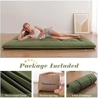 Japanese Floor Mattress, Futon Mattress with Portable Storage Bag and Washable Cover, Roll Up Thick Tatami Mat Suitable for Camping, Guest Room, Green, Queen