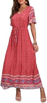 GRECERELLE Womens Summer Maxi Boho Beach Dress Floral Print Dress V Neck Short Sleeve Drawstring High Waist Flowy Long Midi Dresses