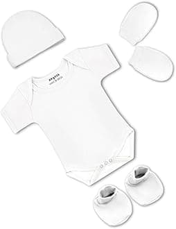 ARVESA Pack of 4 New born Baby Essentials – Cotton Romper, Cap, Booties and Mittens Set for Baby Boy & Girl 0-3 Months Red Biowash