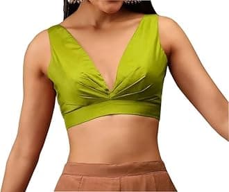 Readymade Indian Bollywood Satin Silk Saree Blouse Women's Solid Plain Top Sleeveless, V-Neckline Sari Choli