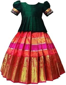White Button Girls Polyester Blend New South Indian Traditional Pattu Pavadai Jecquard Readymade Lehenga Choli Dress