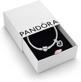 Pandora Women's Sterling Silver Birthstone Dangle Charm & Heart Clasp Snake Chain Bracelet Set - Jewelry Gift Box Included