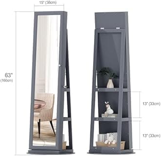 OUTDOOR DOIT 360° Rotating LED Jewelry Armoire with Lockable,3 Color Dimmable Full Length Mirror with Makeup Tray,Jewelry Organizer Cabinet with Back Storage Shelves