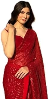 VAIRAGEE Women's Beautiful Soft Georgette Silver Color Embroidery Sequence Stylish Saree With Unsticthed Blouse Piece (6121_2)