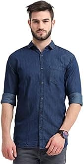 Miraan Men's Long Sleeve Casual Light-Blue Denim Shirt
