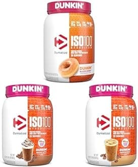 Bundle of Dymatize ISO100 Hydrolyzed 100% Whey Isolate Protein Powder in Dunkin' Glazed Donut Flavor, Dunkin' Mocha Latte Flavor & Dunkin' Cappuccino Flavor