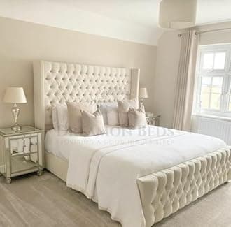 Wingback Bed Frame Double King Size Super King (Cream Plush, 6ft Super King With Mattress)