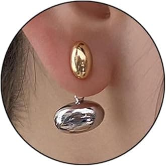 Two Tone Teardrop Stud Earrings for Women Gold Silver Front Back Oval Bean Dangle Earrings Cute Post Ball Earrings Lightweight Chunky Jewelry Gifts