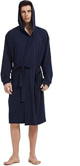 HOLOVE Men's Pure Cotton Bathrobe Lightweight Kimono and Hooded Spa Robes Soft Sleepwear