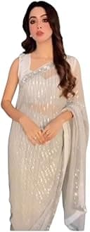 VAIRAGEEWomen's Beautiful Soft Georgette Silver Color Embroidery Sequence Stylish Saree With Unsticthed Blouse Piece (6121_2)