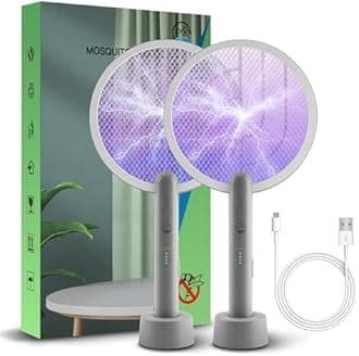Electric Fly Swatter Racket, Mosiller 4000V 2 in 1 Bug Zapper with USB Rechargeable Base, Powerful Mosquitoes Trap Lamp & Fly Killer with 3-Layer Safety Mesh for Home, Indoor, Bedroom, Patio (2 Pack)