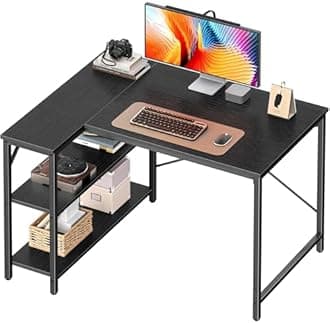 Huuger L Shaped Desk, 39 Inches Computer Desk with Reversible Storage Shelves, Gaming Desk, for Corner Home Office Writing Study, Metal Frame, Black