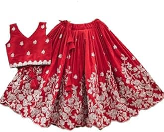 RJ ONLINE Girls Readymade Crop Top With Lehenga - Taffeta Silk Embroidered Lehenga Choli - Perfect for Ethnic, Party & Wedding - Traditional Dress