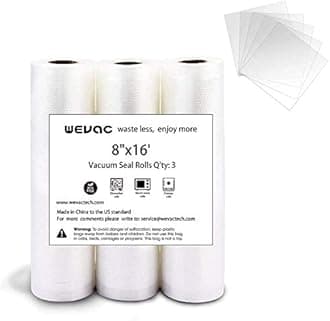 WevacVacuum Sealer Bags 8x16' Rolls 6 pack for Food Saver, Seal a Meal, Weston. Commercial Grade, BPA Free, Heavy Duty, Great for vac storage, Meal Prep or Sous Vide