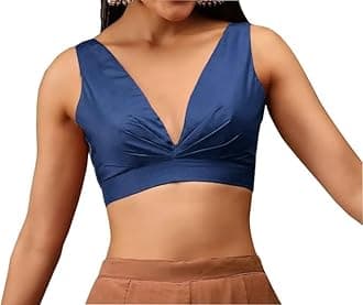 Readymade Indian Bollywood Satin Silk Saree Blouse Women's Solid Plain Top Sleeveless, V-Neckline Sari Choli