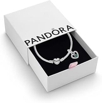 PandoraBirthstone Dangle Charm & Bracelet Set - Women's Sterling Silver Birthstone Dangle Charm & Heart Clasp Snake Chain Bracelet - Jewellery Set With Gift Box