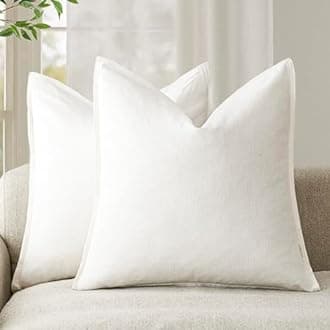 Foindtower Pack of 2, Decorative Linen Soild Throw Pillow Covers Soft Accent Cushion Case Boho Farmhouse Neutral Pillowcase for Chair Couch Sofa Bedroom Living Room Home Decor 18 x 18 Inch Cream White