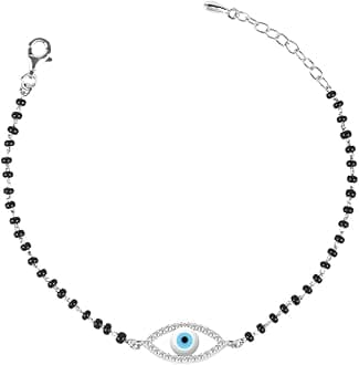 Womens 925 Sterling Silver Evil Eye Halo Hand Mangalsutra Bracelet | Black Beads, Rhodium Plated | Gift For Wife