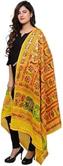 Banjara Women's Cotton Stoles & Dupattas Kutchi Bharchak Free Size, Lemon Yellow, One Size