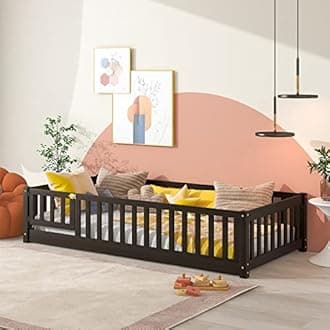 Tatub Twin Floor Bed with Safety Guardrails and Slats, Toddler Floor Bed Frame Twin Size for Girls and Boys, Wood Montessori Floor Bed for Kids, Twin-Espresso