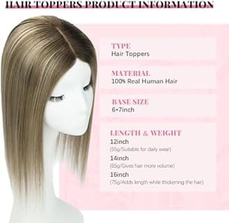 Hair Toppers for Women Real Human Hair 6x7inch Large Base 14inch 55g Toppers Pieces for Women with Thinning Dark Brown To Chestnut Brown Highlight Ash Blonde (#2/6/18Toppers-14inch)