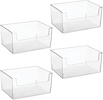 Large Modern Plastic Open Front Dip Storage Organiser Bin Basket for Kitchen Organisation - Shelf, Cupboard, Cabinet, and Pantry Organising Decor - Ligne Collection - 4 Pack - Clear