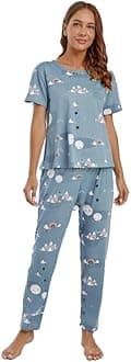 SMOWKLY Printed Round Neck Short Sleeve Night Suit Set for Women – Soft Pajama Set | Comfortable Cotton Blend Night Dress & Sleepwear | Cozy Pyjama Set | Cord Set |Warm Pjs for Girls