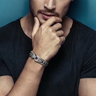 COOLSTEELANDBEYOND Mens Steel Vintage Fancy Curb Chain Bracelet with Tribal Tattoo Pattern, Retro Style, Masculine, 8.66 inches, Metal, not-applicable