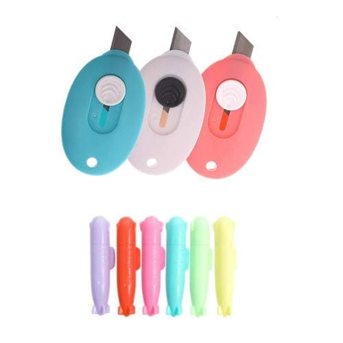FIVE BEE Pack of 3 Mini Retractable Utility Knife- Box Cutter Letter Opener- Safety Blade|Pocket Sized| blue1,pink1,white1 (3)