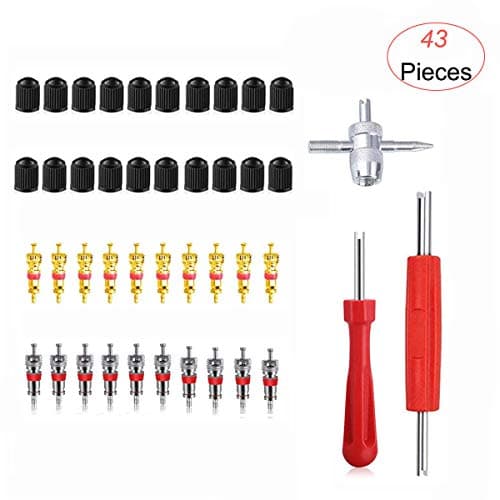 43 Pcs Valve Core Remover Tool Set with 20Pcs Schrader Valve Cores, 1Pcs Dual Single and 1Pcs Single Head Valve Core Remover Tire Repair Tool, 20Pcs Tire Valve Caps, 1Pcs 4-Way Valve Tool