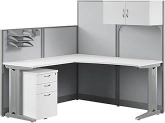 Bush Business Furniture Office in an Hour 65W L Shaped Cubicle Desk with Storage, Drawers, and Organizers in Pure White